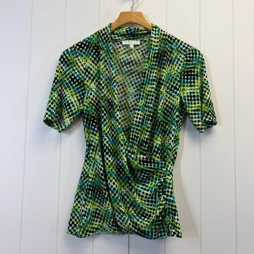 Chaus New York Y2K Polka Dot Faux Wrap Top Women Size M Office Siren Career